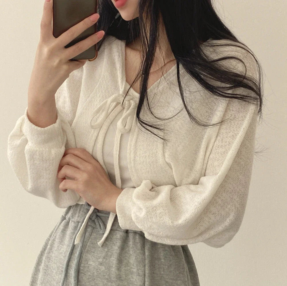 Thin White Cardigan Women Summer Sunscreen Lace-up Knitwear Tops Lady Korean Style Casual Lantern Sleeve Short Sun Protected Top