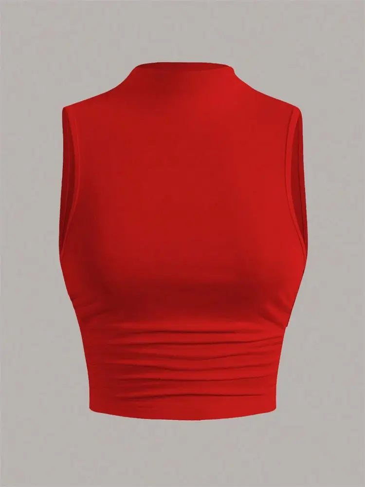 Casual Mock Neck Sleeveless Tank Top for Women Summer Sexy Solid Color Slim Fit Stand Collar Crop Top Streetwear 2024