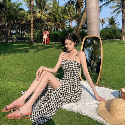 Women's Spring Summer 2024 New Waist-fitted Slimming Design Sensible Elegant Side Slit Long Dress Trendy Plaid Tank Dress