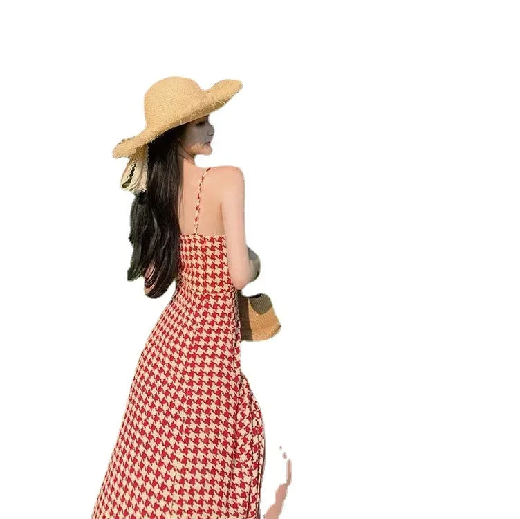 Women's Spring Summer 2024 New Waist-fitted Slimming Design Sensible Elegant Side Slit Long Dress Trendy Plaid Tank Dress
