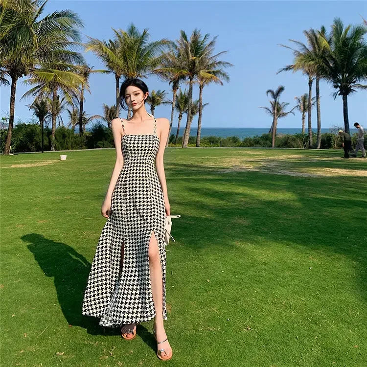 Women's Spring Summer 2024 New Waist-fitted Slimming Design Sensible Elegant Side Slit Long Dress Trendy Plaid Tank Dress
