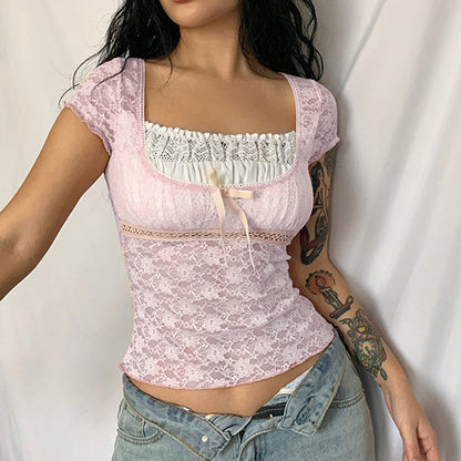 Coquette Lace Milkmaid Top Tees Y2K Aesthetic Fairy Grunge Square Collar Tees Prepply Korean Kawaii T-shirt Women Cropped Tops
