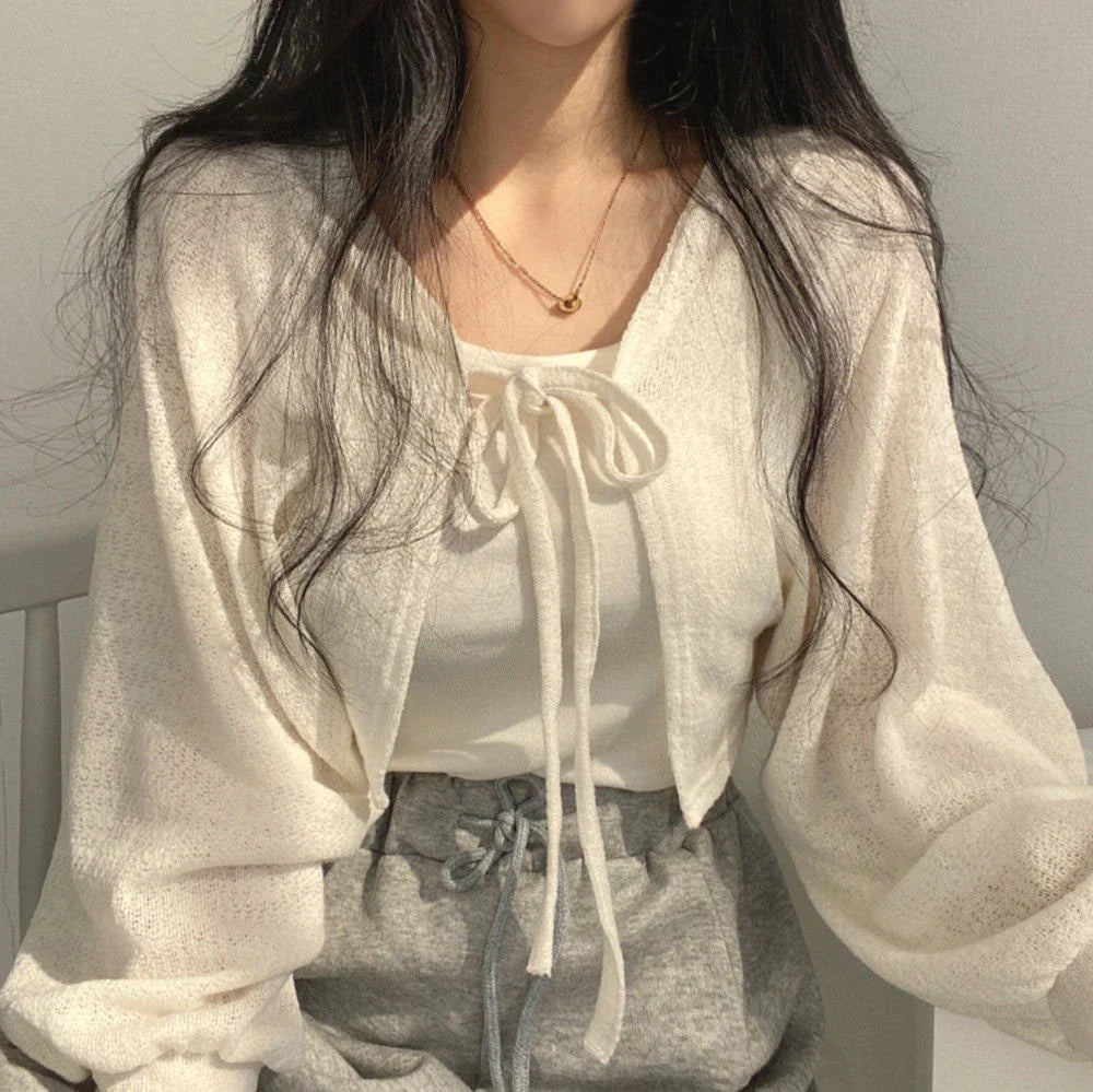 Thin White Cardigan Women Summer Sunscreen Lace-up Knitwear Tops Lady Korean Style Casual Lantern Sleeve Short Sun Protected Top