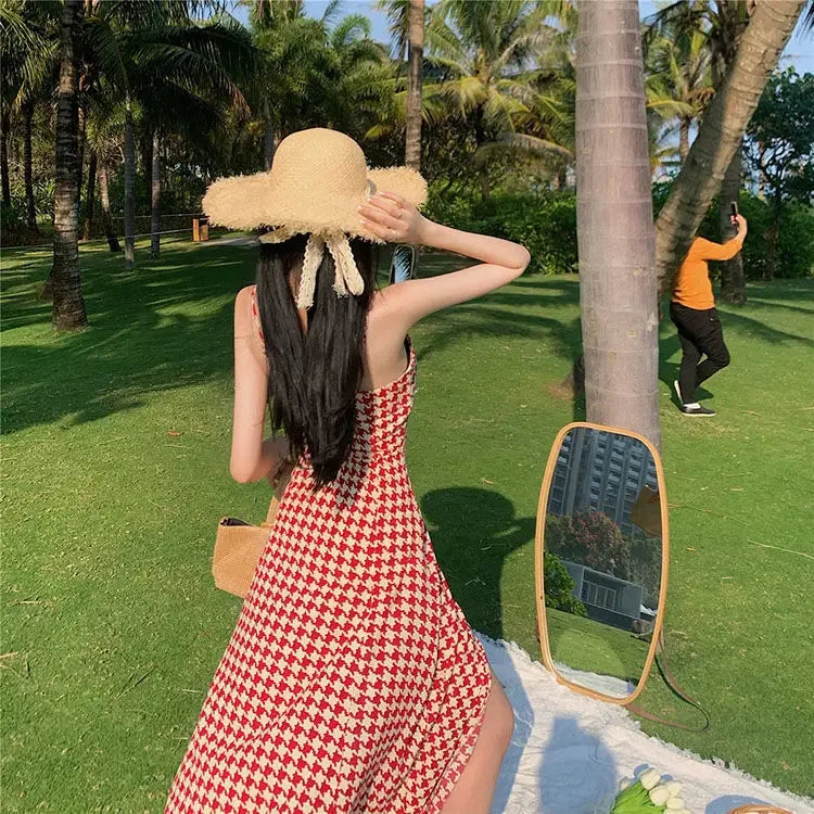 Women's Spring Summer 2024 New Waist-fitted Slimming Design Sensible Elegant Side Slit Long Dress Trendy Plaid Tank Dress
