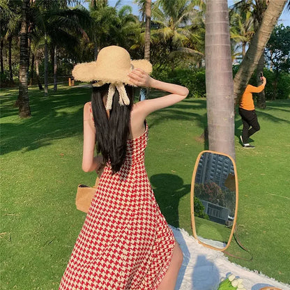 Women's Spring Summer 2024 New Waist-fitted Slimming Design Sensible Elegant Side Slit Long Dress Trendy Plaid Tank Dress