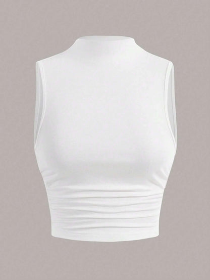 Casual Mock Neck Sleeveless Tank Top for Women Summer Sexy Solid Color Slim Fit Stand Collar Crop Top Streetwear 2024