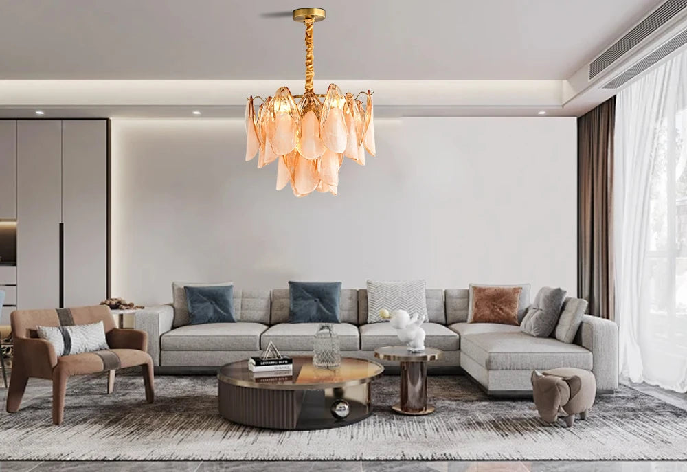 Postmodern luxury Pink E14 glass petal chandelier,Lustre living room Ceiling pendant lighting indoor decorative Kitchen fixtures