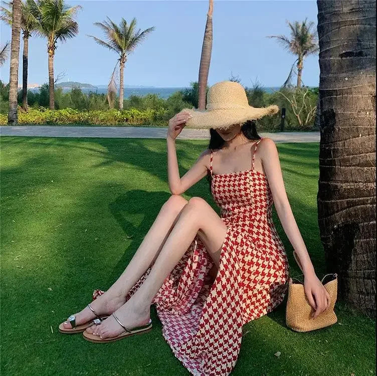 Women's Spring Summer 2024 New Waist-fitted Slimming Design Sensible Elegant Side Slit Long Dress Trendy Plaid Tank Dress