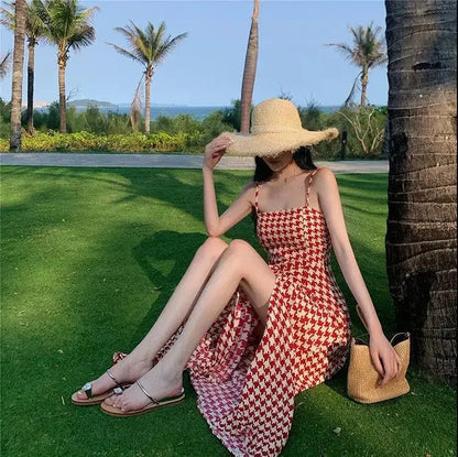 Women's Spring Summer 2024 New Waist-fitted Slimming Design Sensible Elegant Side Slit Long Dress Trendy Plaid Tank Dress