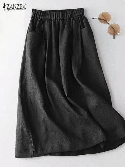 ZANZEA Women Cotton Skirt Holiday Elastic Waist Midi Skirt 2024 Summer Side Pockets Falda Saias Casual Korean Solid A Line Jupe