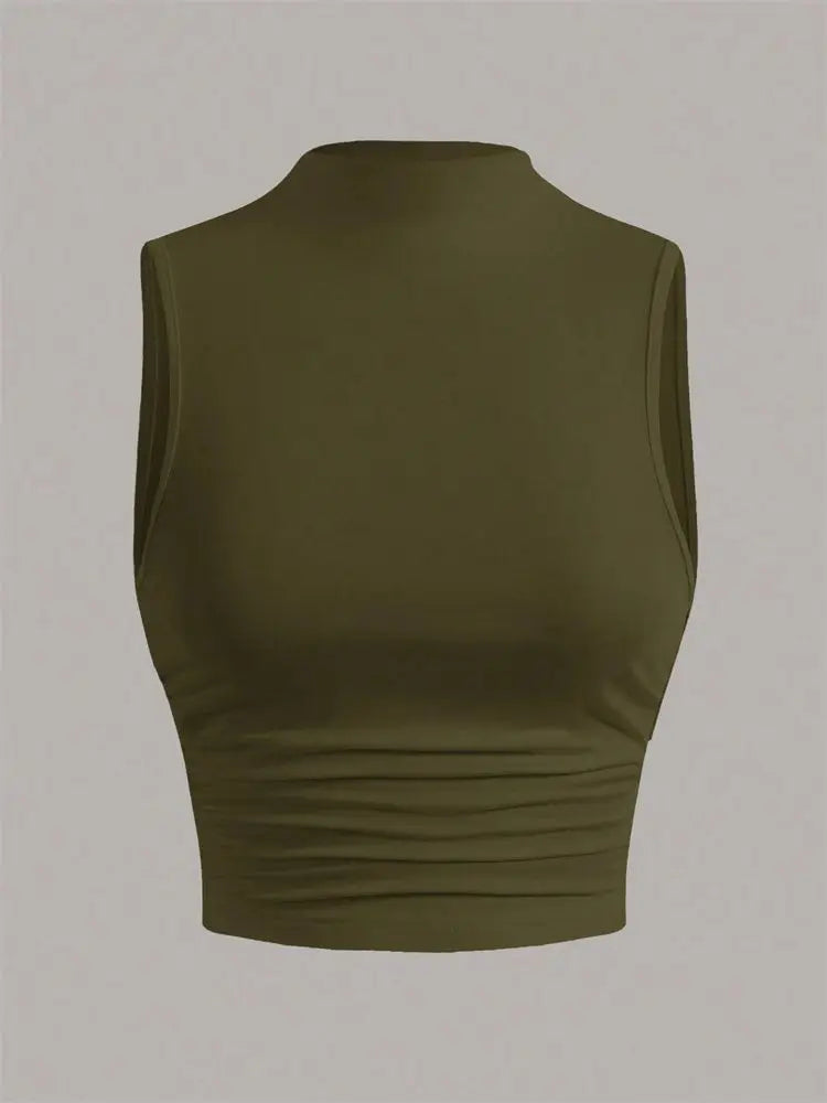 Casual Mock Neck Sleeveless Tank Top for Women Summer Sexy Solid Color Slim Fit Stand Collar Crop Top Streetwear 2024