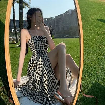 Women's Spring Summer 2024 New Waist-fitted Slimming Design Sensible Elegant Side Slit Long Dress Trendy Plaid Tank Dress