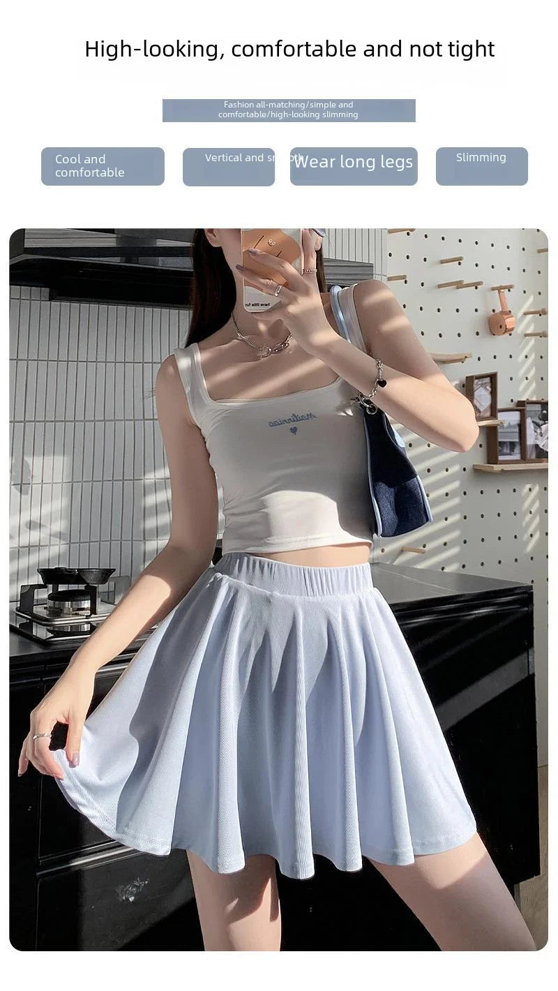 Ice Silk High Waist Slim Fit Women Summer Shorts Anti Exposure Versatile A- line Skirt Fresh Sweet Style Polyester Fabric