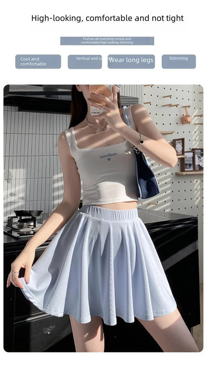 Ice Silk High Waist Slim Fit Women Summer Shorts Anti Exposure Versatile A- line Skirt Fresh Sweet Style Polyester Fabric