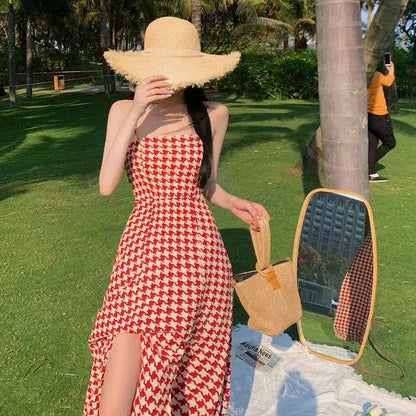 Women's Spring Summer 2024 New Waist-fitted Slimming Design Sensible Elegant Side Slit Long Dress Trendy Plaid Tank Dress