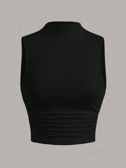 Casual Mock Neck Sleeveless Tank Top for Women Summer Sexy Solid Color Slim Fit Stand Collar Crop Top Streetwear 2024