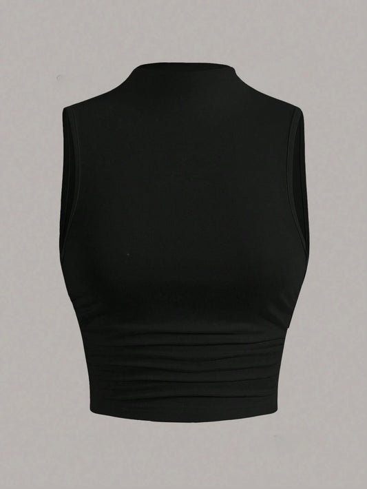 Casual Mock Neck Sleeveless Tank Top for Women Summer Sexy Solid Color Slim Fit Stand Collar Crop Top Streetwear 2024