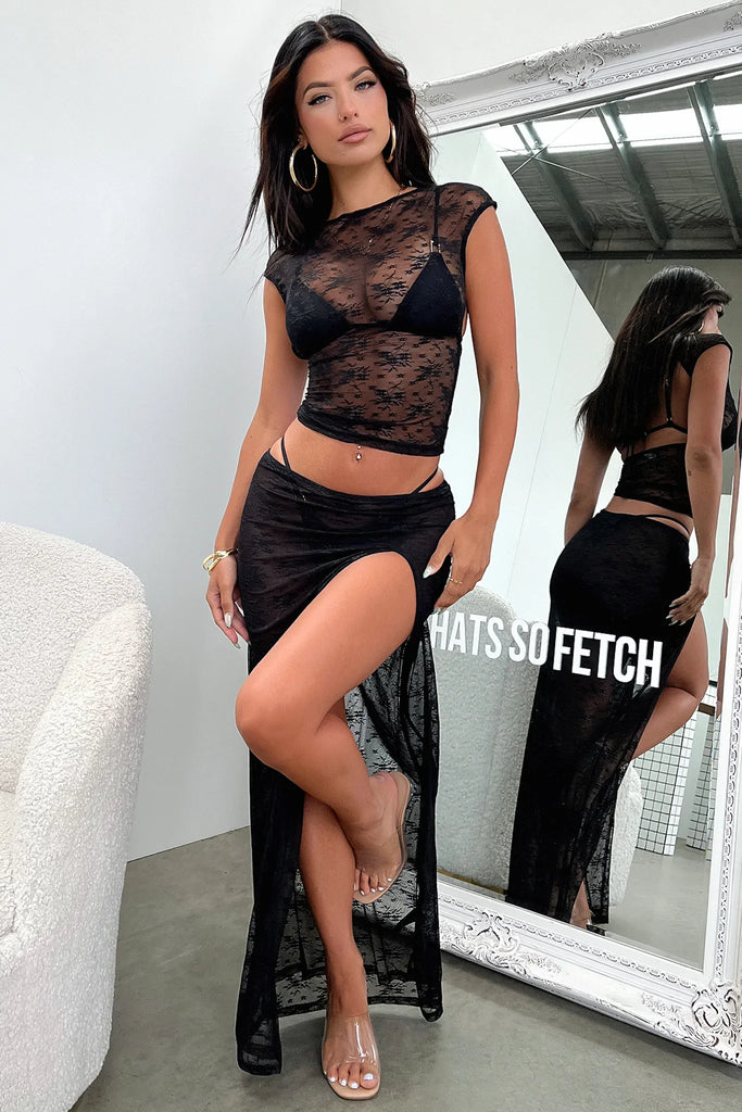 Combhasaki Women's Boho 2Piece Lace See-through Cover Ups Set Sheer Cap Sleeve Backless Crop Tops+Low Waist High Slit Long Skirt
