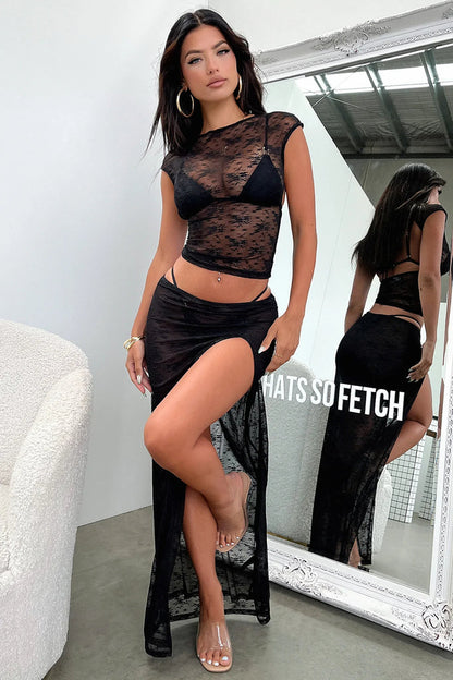 Combhasaki Women's Boho 2Piece Lace See-through Cover Ups Set Sheer Cap Sleeve Backless Crop Tops+Low Waist High Slit Long Skirt