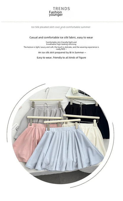Ice Silk High Waist Slim Fit Women Summer Shorts Anti Exposure Versatile A- line Skirt Fresh Sweet Style Polyester Fabric