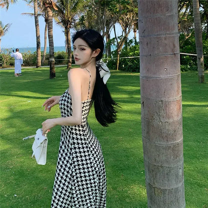 Women's Spring Summer 2024 New Waist-fitted Slimming Design Sensible Elegant Side Slit Long Dress Trendy Plaid Tank Dress