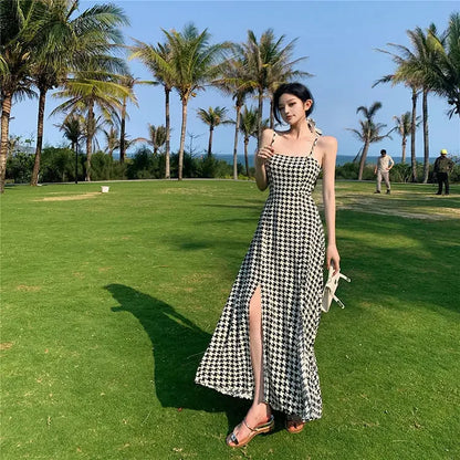 Women's Spring Summer 2024 New Waist-fitted Slimming Design Sensible Elegant Side Slit Long Dress Trendy Plaid Tank Dress