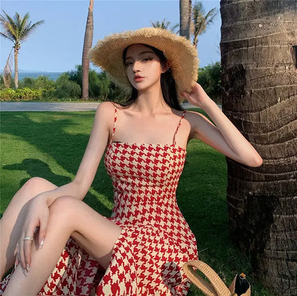 Women's Spring Summer 2024 New Waist-fitted Slimming Design Sensible Elegant Side Slit Long Dress Trendy Plaid Tank Dress