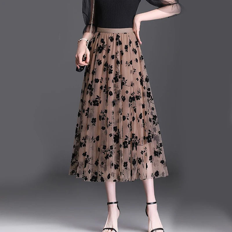 Korean Women Tulle Skirt Fashion Summer Hook Floral Loose Midi Skirt Elegant Female Casual All Match Mesh Skirts New