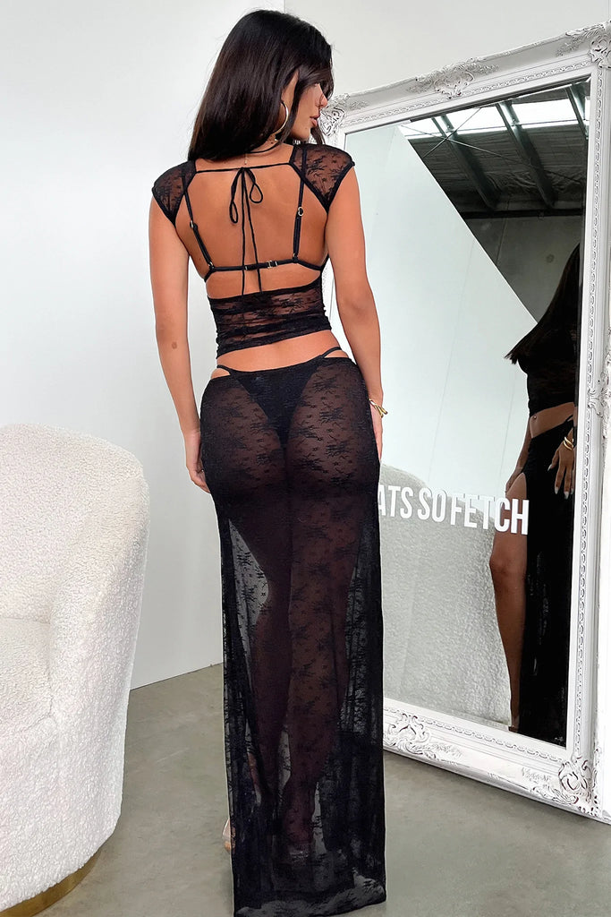 Combhasaki Women's Boho 2Piece Lace See-through Cover Ups Set Sheer Cap Sleeve Backless Crop Tops+Low Waist High Slit Long Skirt