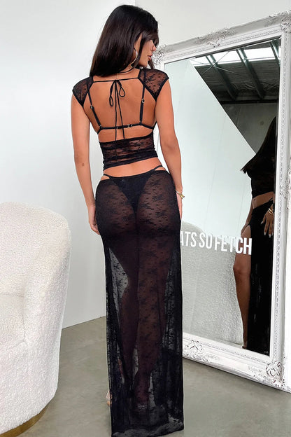 Combhasaki Women's Boho 2Piece Lace See-through Cover Ups Set Sheer Cap Sleeve Backless Crop Tops+Low Waist High Slit Long Skirt