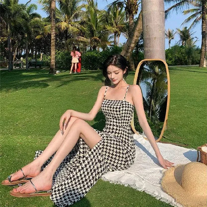 Women's Spring Summer 2024 New Waist-fitted Slimming Design Sensible Elegant Side Slit Long Dress Trendy Plaid Tank Dress