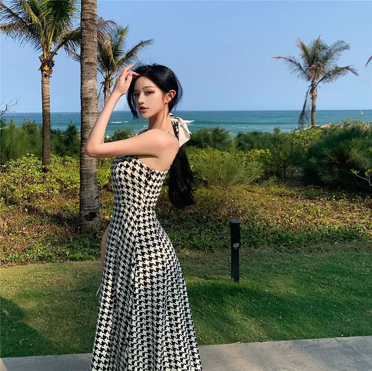 Women's Spring Summer 2024 New Waist-fitted Slimming Design Sensible Elegant Side Slit Long Dress Trendy Plaid Tank Dress
