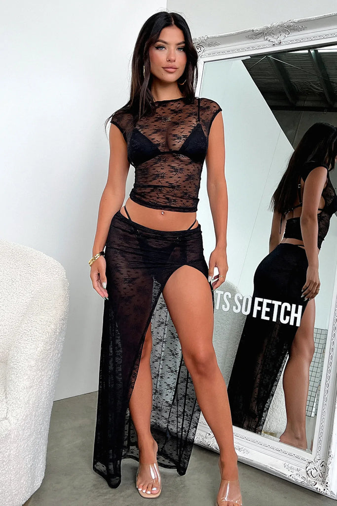 Combhasaki Women's Boho 2Piece Lace See-through Cover Ups Set Sheer Cap Sleeve Backless Crop Tops+Low Waist High Slit Long Skirt
