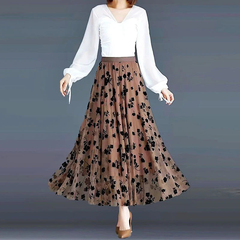 Korean Women Tulle Skirt Fashion Summer Hook Floral Loose Midi Skirt Elegant Female Casual All Match Mesh Skirts New