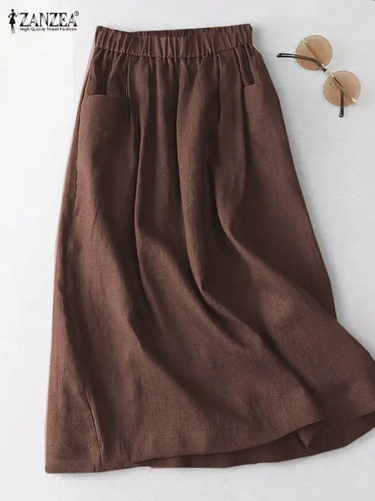 ZANZEA Women Cotton Skirt Holiday Elastic Waist Midi Skirt 2024 Summer Side Pockets Falda Saias Casual Korean Solid A Line Jupe