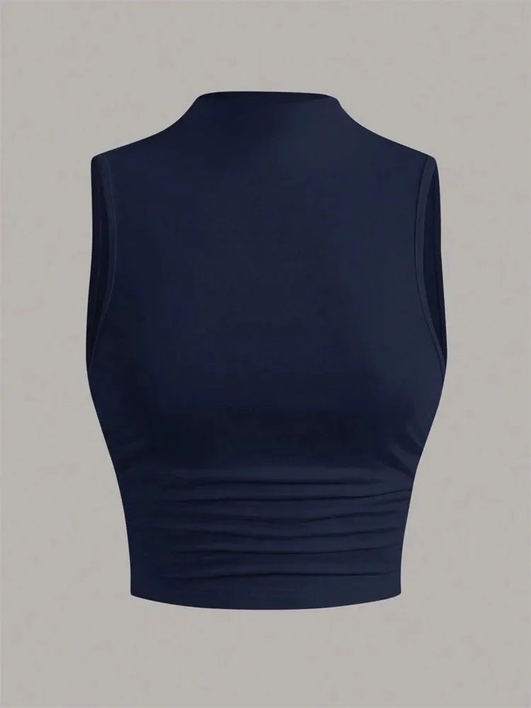 Casual Mock Neck Sleeveless Tank Top for Women Summer Sexy Solid Color Slim Fit Stand Collar Crop Top Streetwear 2024