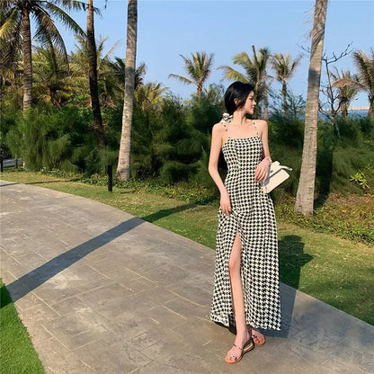 Women's Spring Summer 2024 New Waist-fitted Slimming Design Sensible Elegant Side Slit Long Dress Trendy Plaid Tank Dress