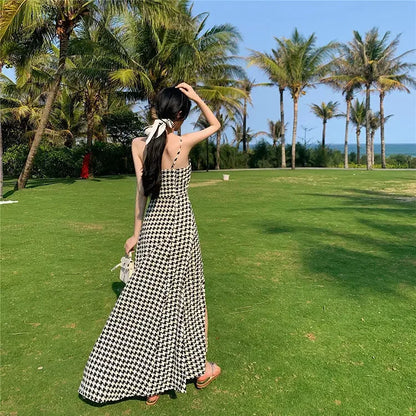 Women's Spring Summer 2024 New Waist-fitted Slimming Design Sensible Elegant Side Slit Long Dress Trendy Plaid Tank Dress