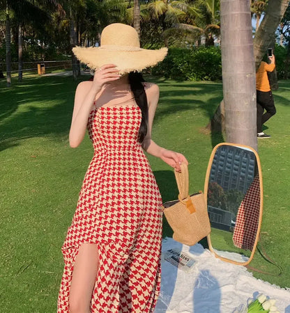 Women's Spring Summer 2024 New Waist-fitted Slimming Design Sensible Elegant Side Slit Long Dress Trendy Plaid Tank Dress